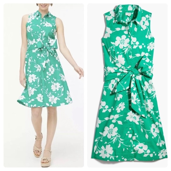 J. Crew Dresses & Skirts - J. Crew Green and White Sleeveless Tie Waist Shirtdress